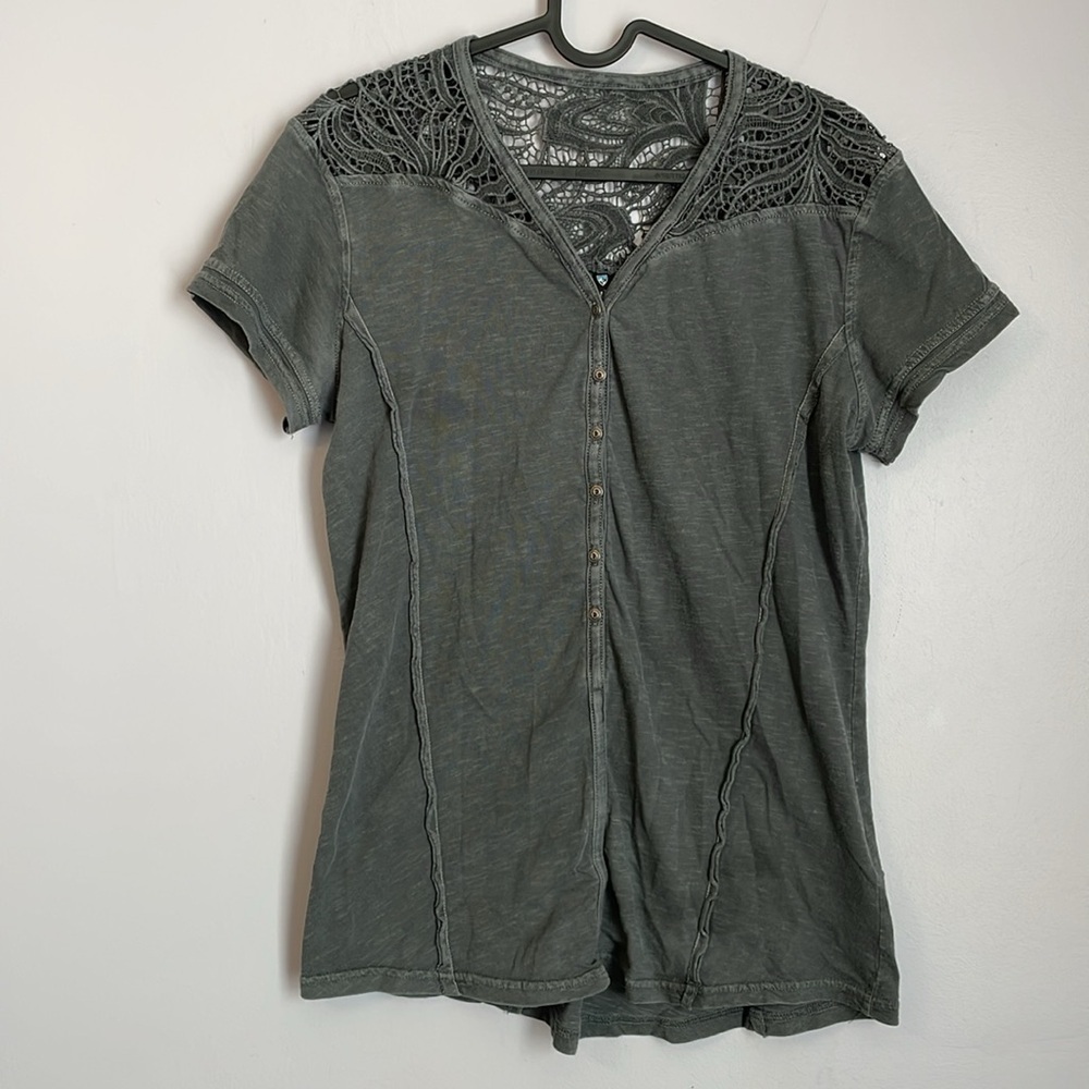 Kuhl Gia Short Sleeve Shirt in Carbon Gray with Crochet detail size M